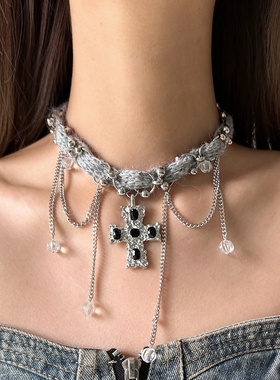 灰色毛绒针织链条choker项链