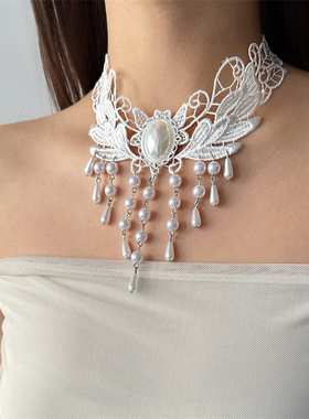 白色布艺流苏chocker女颈带