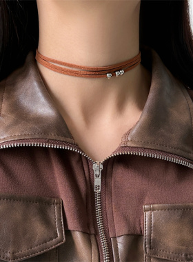 美拉德棕色多层皮革choker项链