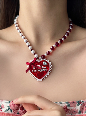 甜酷公主风桃心蝴蝶结珍珠项链