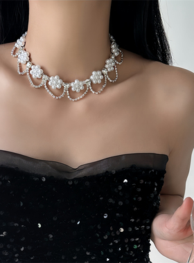 法式风珍珠花朵流苏choker项链