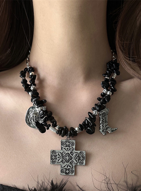 朋克重工风黑色碎石十字架锁骨链