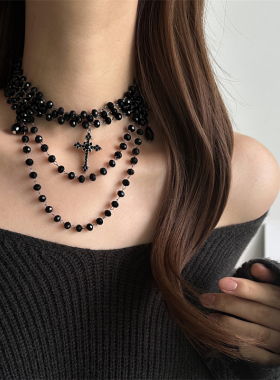 暗黑朋克风多层切面串珠十字项链