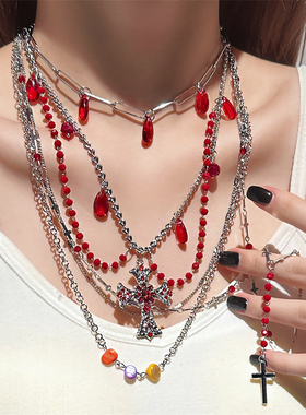红色串珠十字架双层项链女