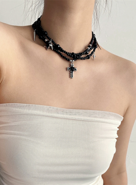 哥特黑色串珠十字架项链女颈链
