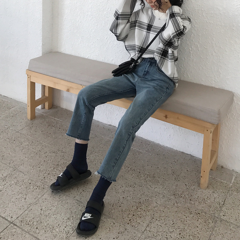 haoall旗舰店八分直筒牛仔裤女春夏新款高腰显瘦百搭宽松阔腿九分烟管裤子0