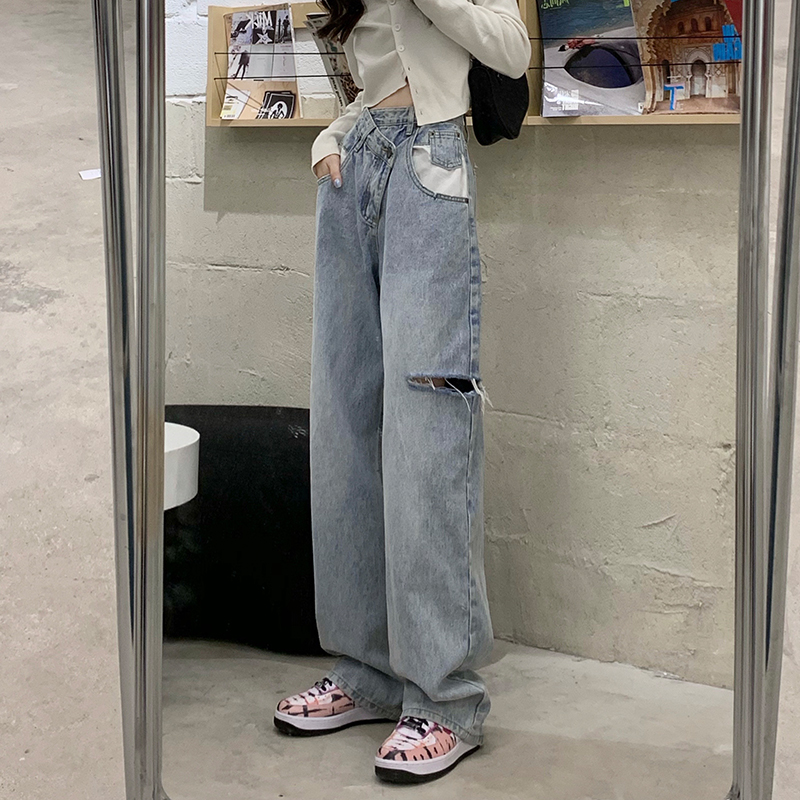 haoall旗舰店高腰破洞牛仔裤女直筒宽松秋装年新款泫雅显瘦拖地垂感阔腿裤1