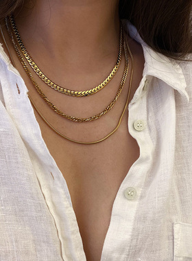 钛钢镀18k三层设计蛇骨麻花项链