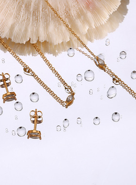 欧美ins时尚简约手饰耳饰成套饰品 不锈钢镀18K微镶马眼吊坠项链