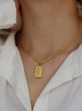 塔罗牌立体浮雕镶钻八芒星吊坠 小众设计感花朵太阳神项链饰品