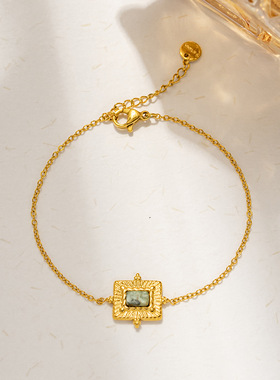 钛钢祖母绿天然石吊坠三套装复古宫廷风高级不锈钢18K女士跨境ing