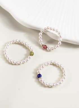 天然绿碧玺碎金子戒指极光淡水珍珠戒指极细2mm小珠素圈指环女款