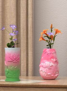 手工模diy石膏莲花瓶摆件模具浮雕荷叶荷花收纳瓶子硅胶模具S74