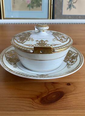 Noritake 日本百年手绘瓷器嵌丝描金花鸟盖碗配瓷盘 则武古董汤盅