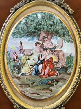 西洋古董收藏 法国手绘贵族人物描金瓷板画 铜框肖像玄关装饰摆件