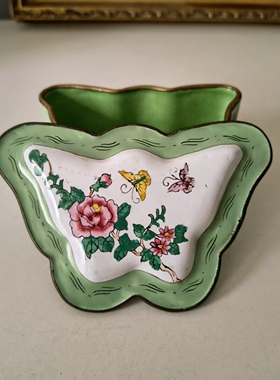 欧洲回流 早期铜胎珐琅画 孤品手绘蝴蝶花卉蝶型首饰盒收藏摆件