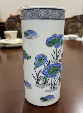 欧洲回流 香港 广彩手绘荷花帽筒 孤品收藏 玄关装饰笔筒摆件瓷器