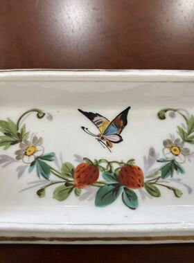 欧洲回流 中古瓷器收藏 手绘蝴蝶草莓描金长方小瓷盘 摆件首饰碟