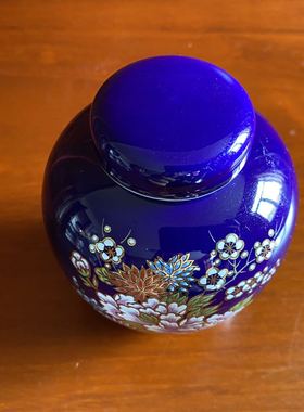 日本 手绘花卉钴蓝花瓶 蓝瓷釉上彩咖啡罐 欧洲回流收藏盖罐 茶罐