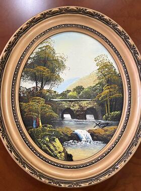 欧洲 中古纯手绘风景收藏油画 瀑布流水景观 别墅客厅装饰画摆件