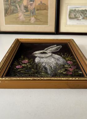 Norwich 英国稀有手绘兔子丝绒油画摆件 装饰绒布收藏画 画家原作