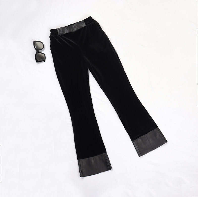 欧洲站丝绒拼接真皮微喇叭裤女皮裤松紧腰高腰修身显瘦韩版九分裤,淘宝优惠券,粉丝福利购,淘宝优惠卷