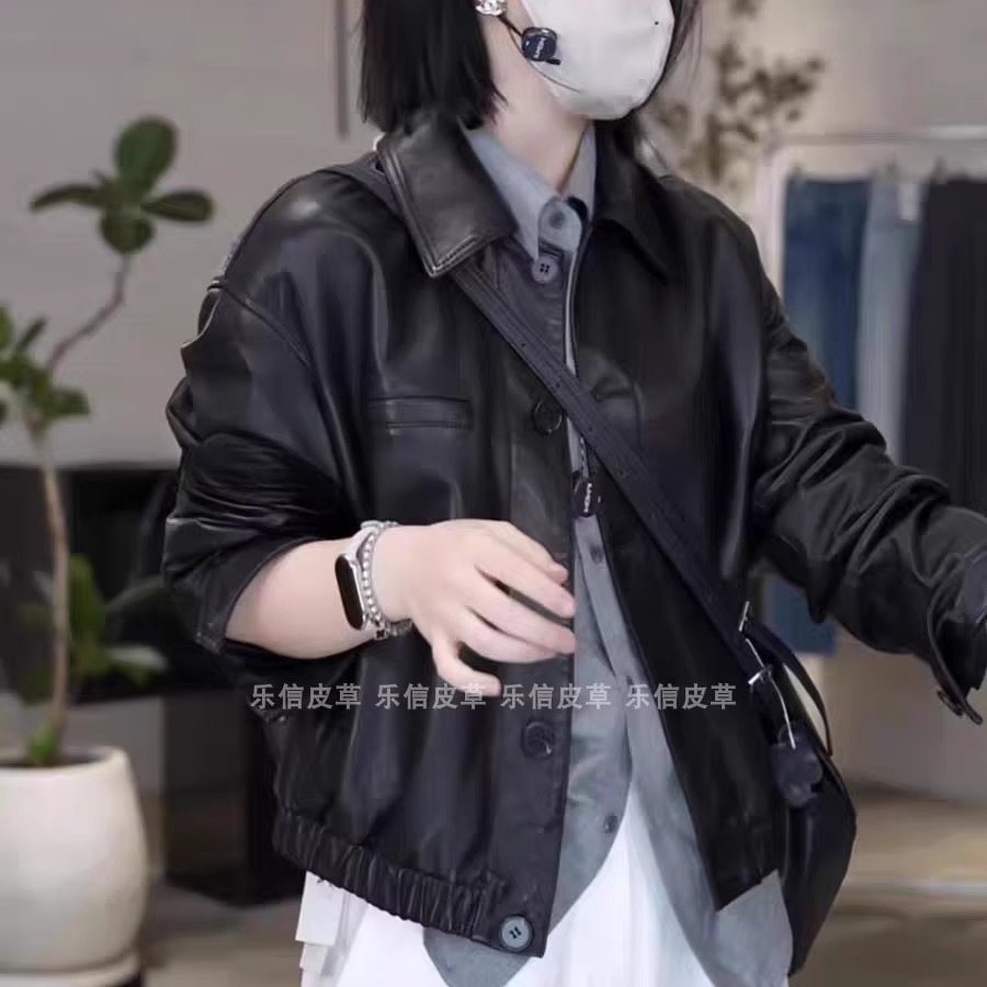 时尚新款真皮皮衣女绵羊皮百搭显瘦气质单排扣翻领潮皮衣长袖外套 - 图1