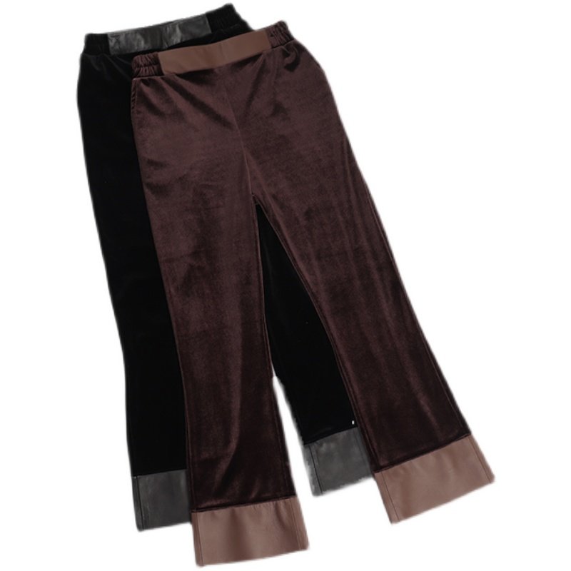 欧洲站丝绒拼接真皮微喇叭裤女皮裤松紧腰高腰修身显瘦韩版九分裤,淘宝优惠券,粉丝福利购,淘宝优惠卷