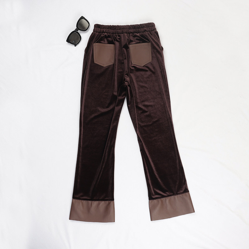 欧洲站丝绒拼接真皮微喇叭裤女皮裤松紧腰高腰修身显瘦韩版九分裤,淘宝优惠券,粉丝福利购,淘宝优惠卷