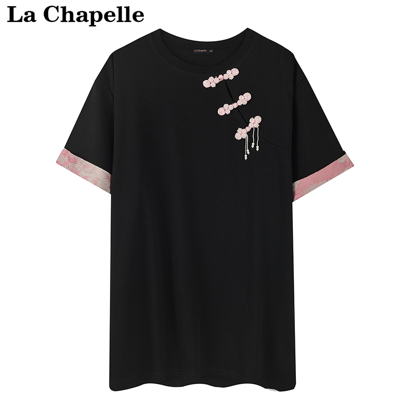 拉夏贝尔/La Chapelle夏季新中式盘扣撞色短袖T恤女宽松显瘦上衣