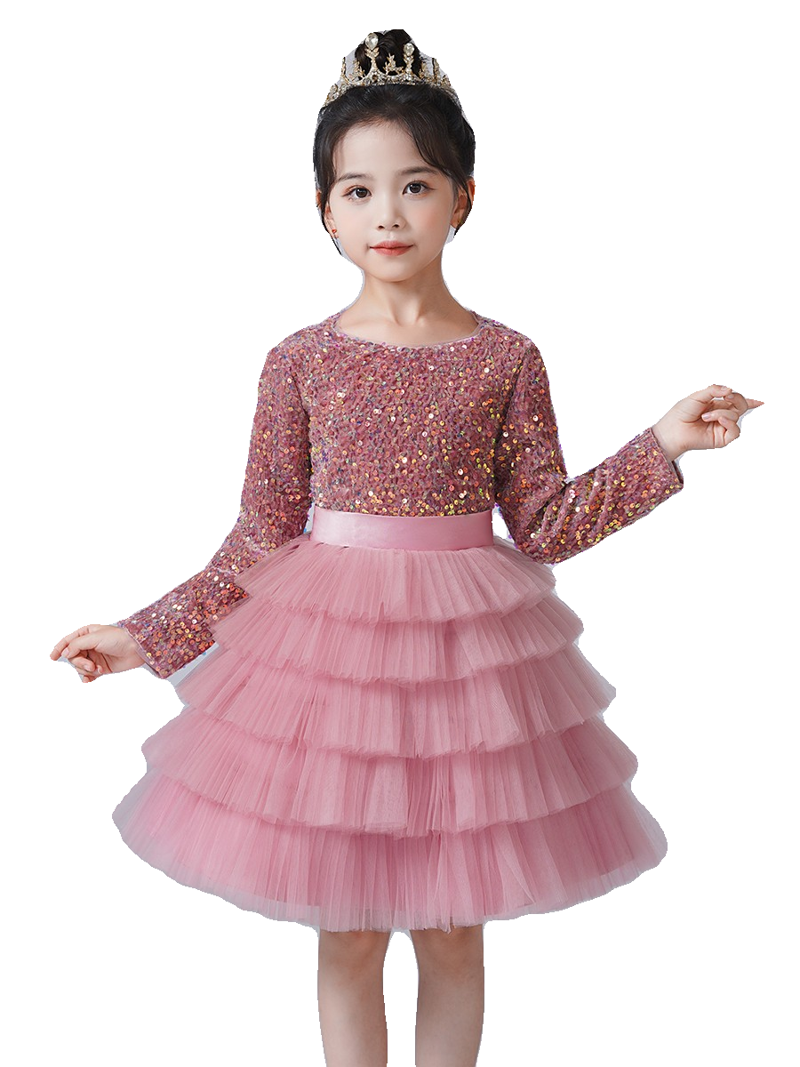 女童生日礼服秋冬长袖公主裙钢琴演出蓬蓬纱裙儿童粉色亮片蛋糕裙,淘宝优惠券,粉丝福利购,淘宝优惠卷