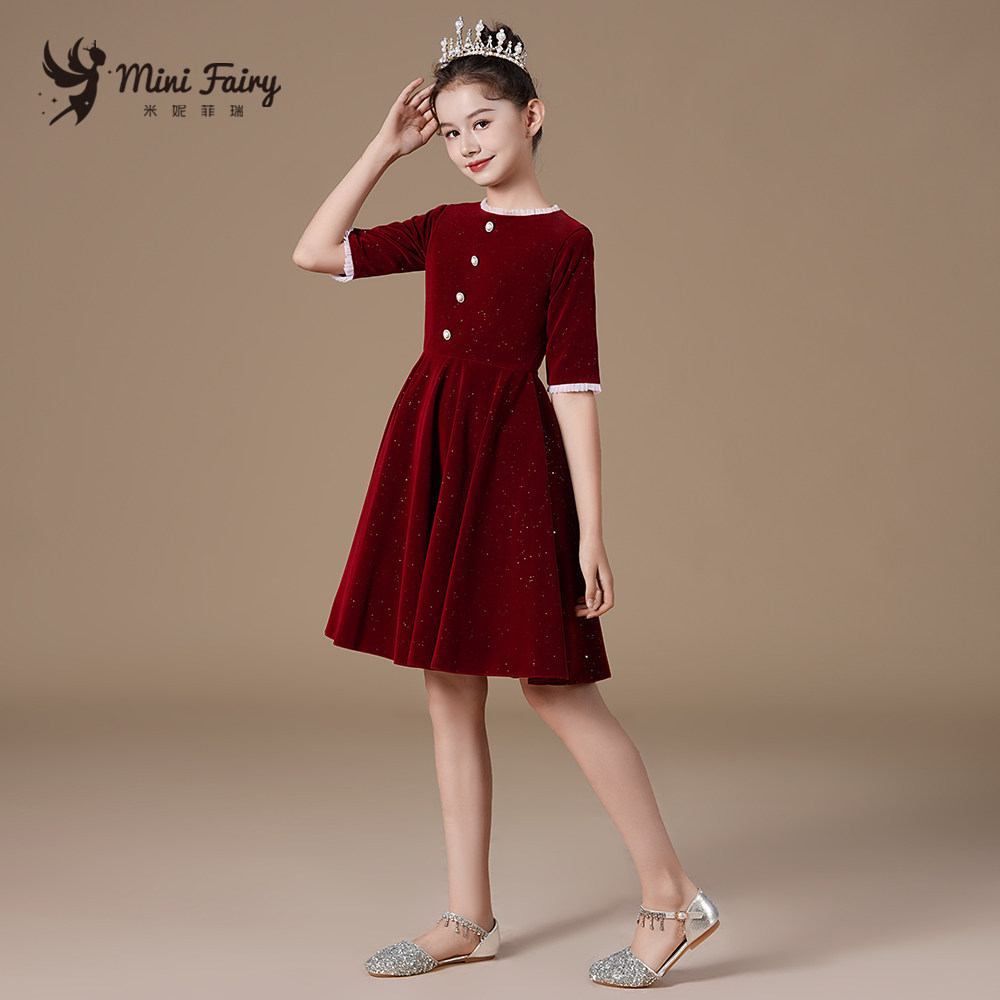 女童红色丝绒晚礼服儿童演出服学生小提琴演奏裙主持朗诵比赛短裙,淘宝优惠券,粉丝福利购,淘宝优惠卷