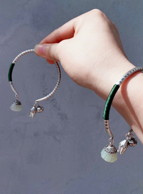 重工复古法传承手镯女夏纯银小众设计s925莲蓬和田玉开口心经民族