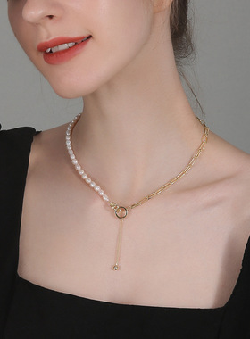 时尚字母H开口可调节戒指项链女套装镂空网红夸张创意珍珠锁骨链