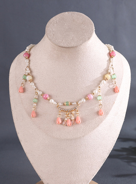 新中式古风汉服璎珞项链超仙少女粉色玲花短项链复古气质项圈配饰