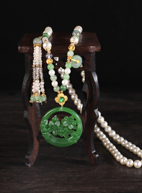 高级感仿珍珠项链轻奢小众新中式青色吊坠长款毛衣链古风旗袍配饰