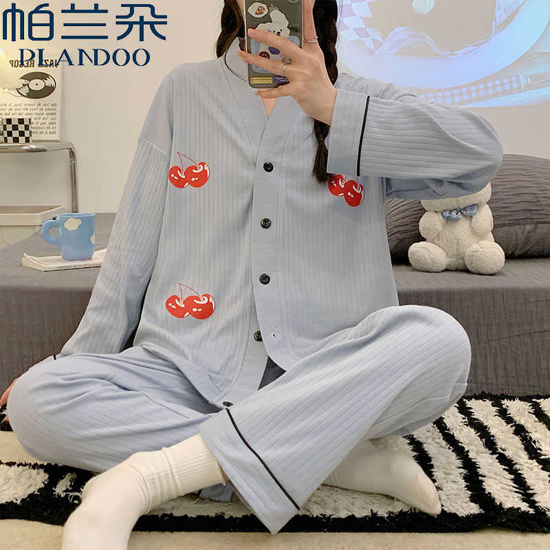 帕兰朵纯棉长袖睡衣女士春秋宽松大码开衫家居服套装月子服可外穿_淘宝内购会_女士内衣/男士内衣/家居服-第2张图片-提都小院