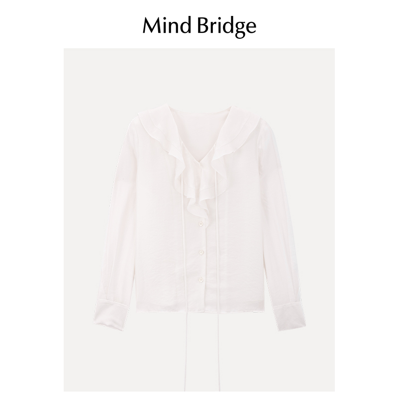 MindBridge长袖衬衫女士春季荷叶领系带休闲上衣法式设计感衬衣 - 图3