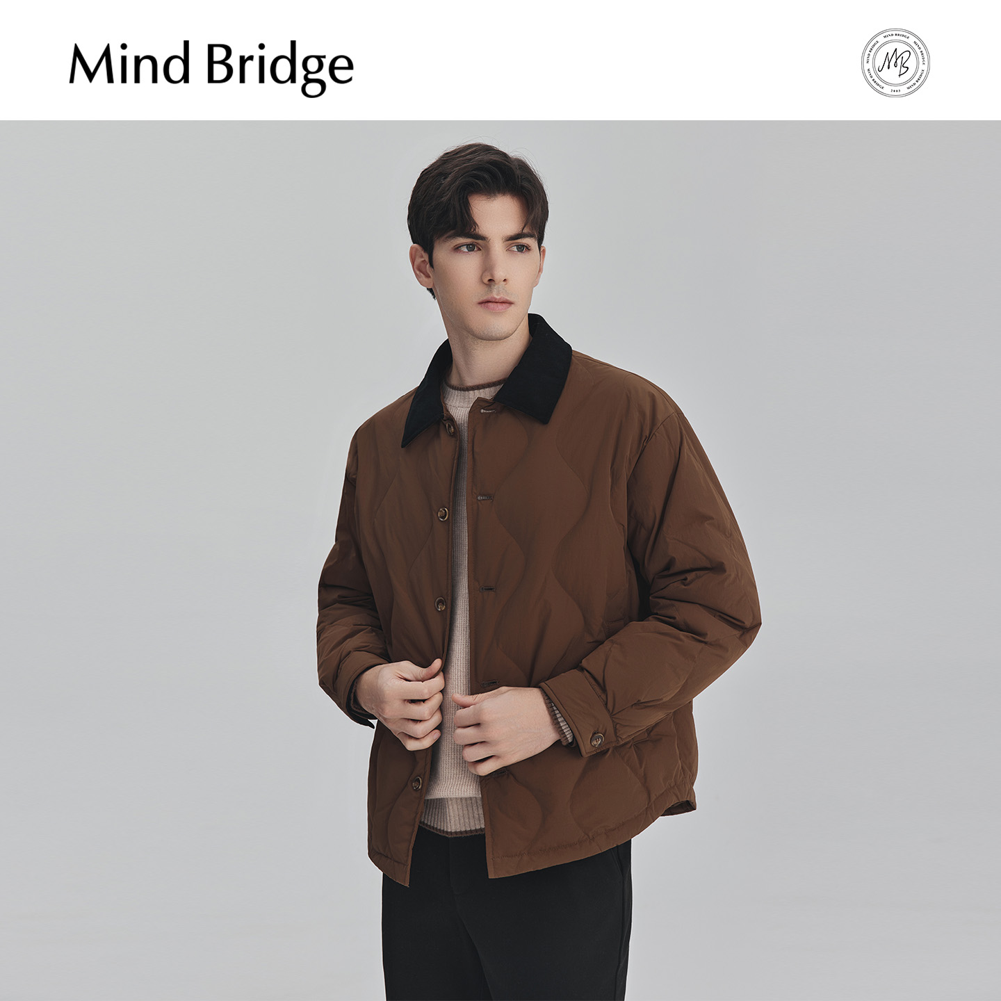 Mind Bridge2025年冬轻薄保暖外套男士复古撞色翻领巴恩风羽绒服 - 图0