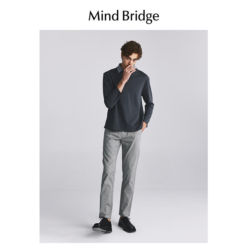 MB MindBridge百家好春季男假两件长袖T恤2024新款衬衫领套头卫衣 - 图0