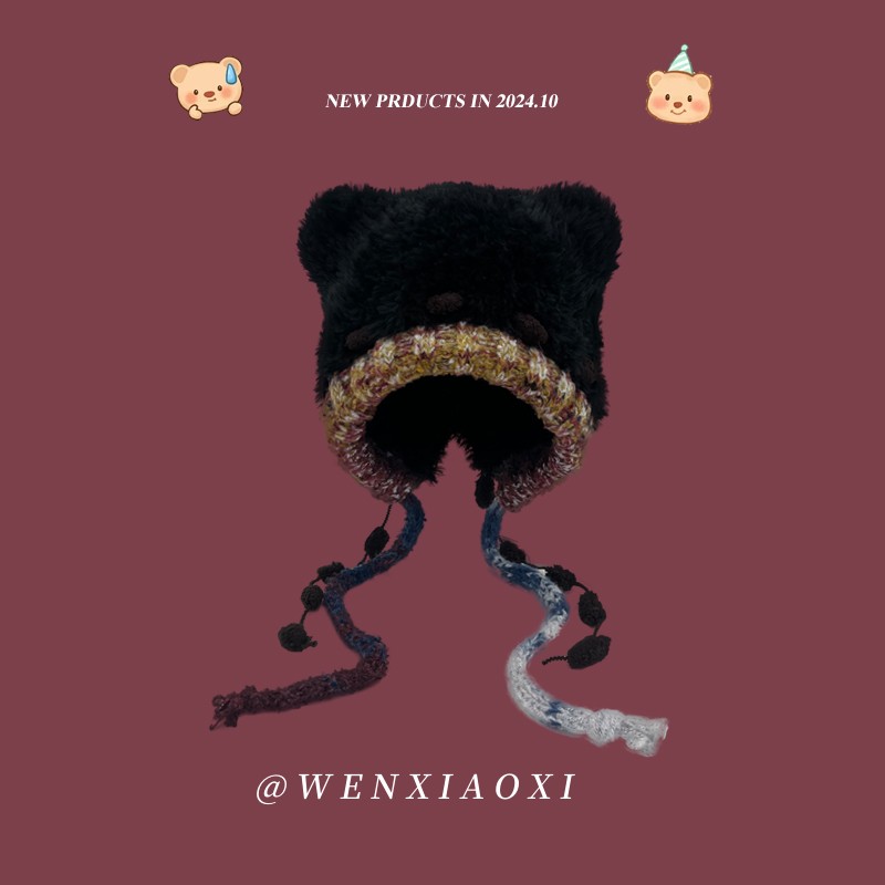 韩版彩色绑带小熊耳朵毛绒针织帽子女秋冬季百搭保暖显脸小护耳帽 - 图3