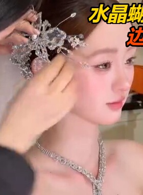 玫瑰花仿真头饰粉色缎面礼服婚纱新娘造型水晶珠子发夹韩式大气超