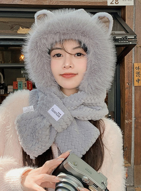 帽子一体可爱女围巾狐狸耳朵冬季