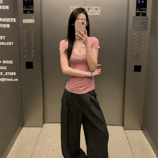 E7Q8 Summer Tencel ເຢັນຄໍ V slimming ເສື້ອທີເຊີດແຂນສັ້ນສໍາລັບແມ່ຍິງ, ແອວເລັກນ້ອຍ see-through, ເສື້ອຍືດຫວານແລະເຜັດ.
