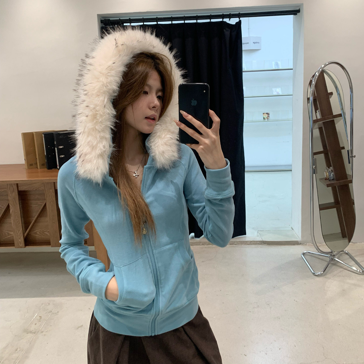 E7Q8 韩系纯欲毛领连帽拉链开衫外套女收腰显瘦百搭高级时尚上衣,淘宝优惠券,粉丝福利购,淘宝优惠卷