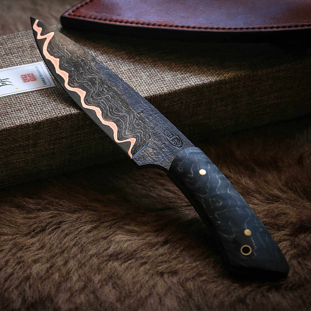 【刃物研究所】手工锻造钢罐大马士革夹铜户外小刀露营刀bc野营刀,淘宝优惠券,粉丝福利购,淘宝优惠卷