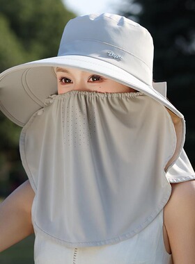 夏季冰丝遮阳帽女防晒面罩防紫外线大帽檐骑行护颈帽子采茶太阳帽
