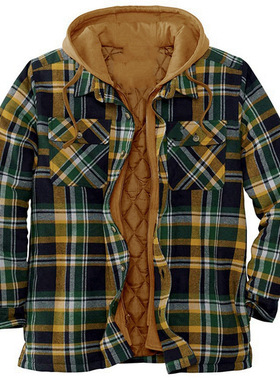 加厚棉衣格纹宽松连帽夹克外套男