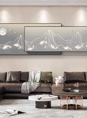 现代轻奢客厅背景墙画 烤瓷油画布背有靠山寓意装饰画组