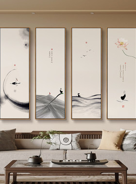 新中式客厅沙发背景墙装饰画茶室禅意挂画办公室客栈四联竖版墙画